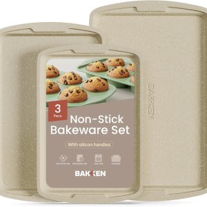Bakken Swiss Cookie Sheet 3 Piece Set - Non-Stick, Stackable Baking Pans, White marble Deluxe Ceramic Coating – Dishwasher Safe - for Home Baking