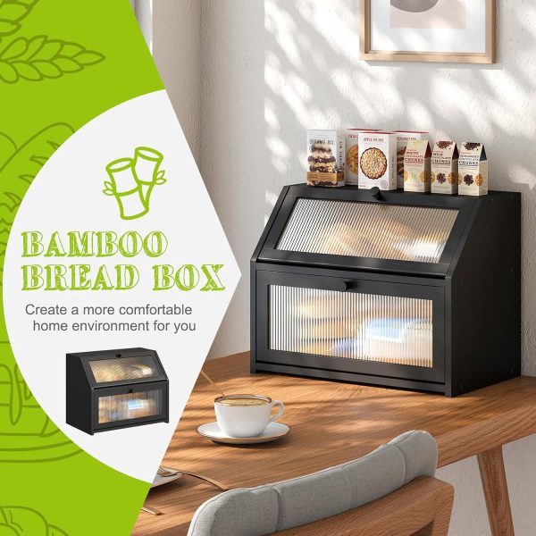 BMOSU Large Bread Box for Kitchen Countertop,Double Layer Bread Box for Kitchen Counter,Bamboo Wood Bread box Capacity Bin Storage(Black) - Image 2