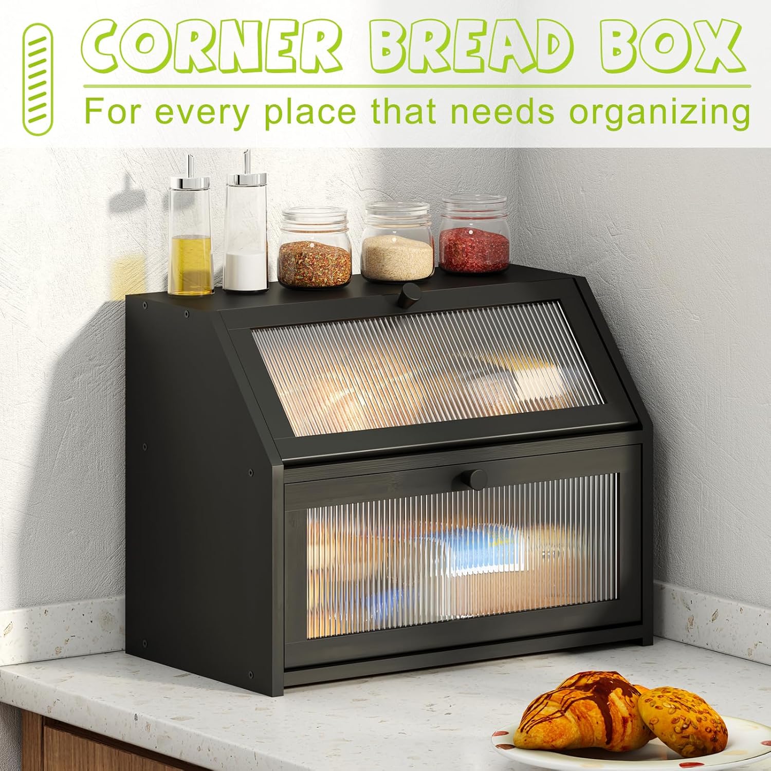 BMOSU Large Bread Box for Kitchen Countertop,Double Layer Bread Box for Kitchen Counter,Bamboo Wood Bread box Capacity Bin Storage(Black) - Image 3