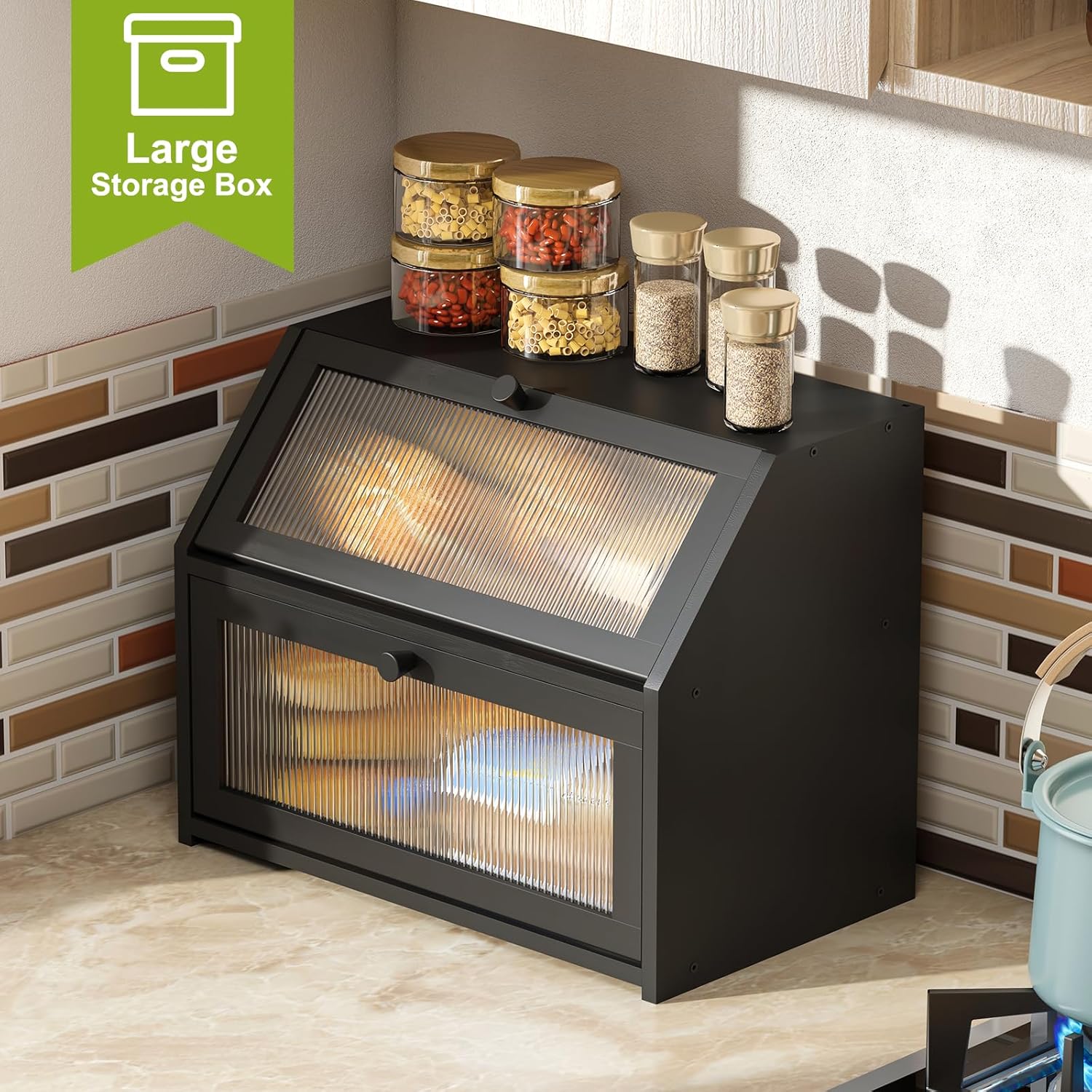 BMOSU Large Bread Box for Kitchen Countertop,Double Layer Bread Box for Kitchen Counter,Bamboo Wood Bread box Capacity Bin Storage(Black) - Image 4
