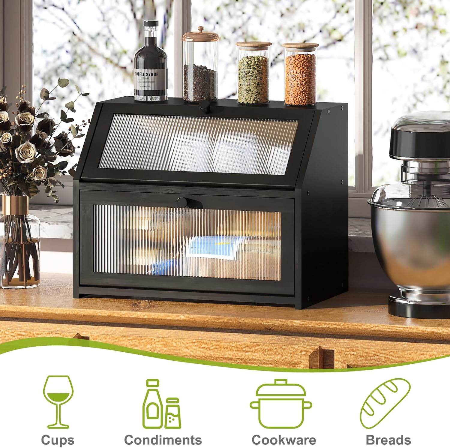 BMOSU Large Bread Box for Kitchen Countertop,Double Layer Bread Box for Kitchen Counter,Bamboo Wood Bread box Capacity Bin Storage(Black) - Image 5