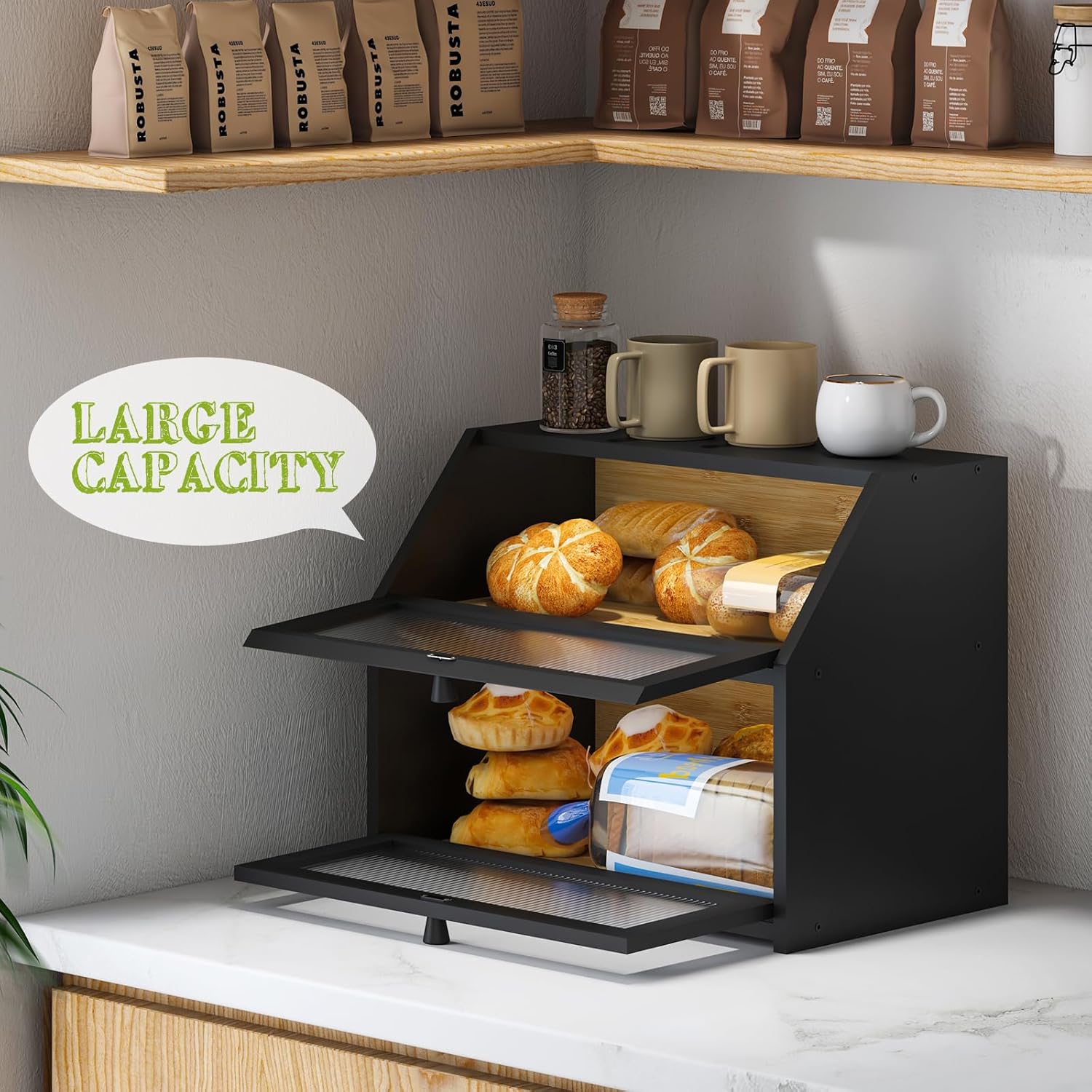 BMOSU Large Bread Box for Kitchen Countertop,Double Layer Bread Box for Kitchen Counter,Bamboo Wood Bread box Capacity Bin Storage(Black) - Image 6