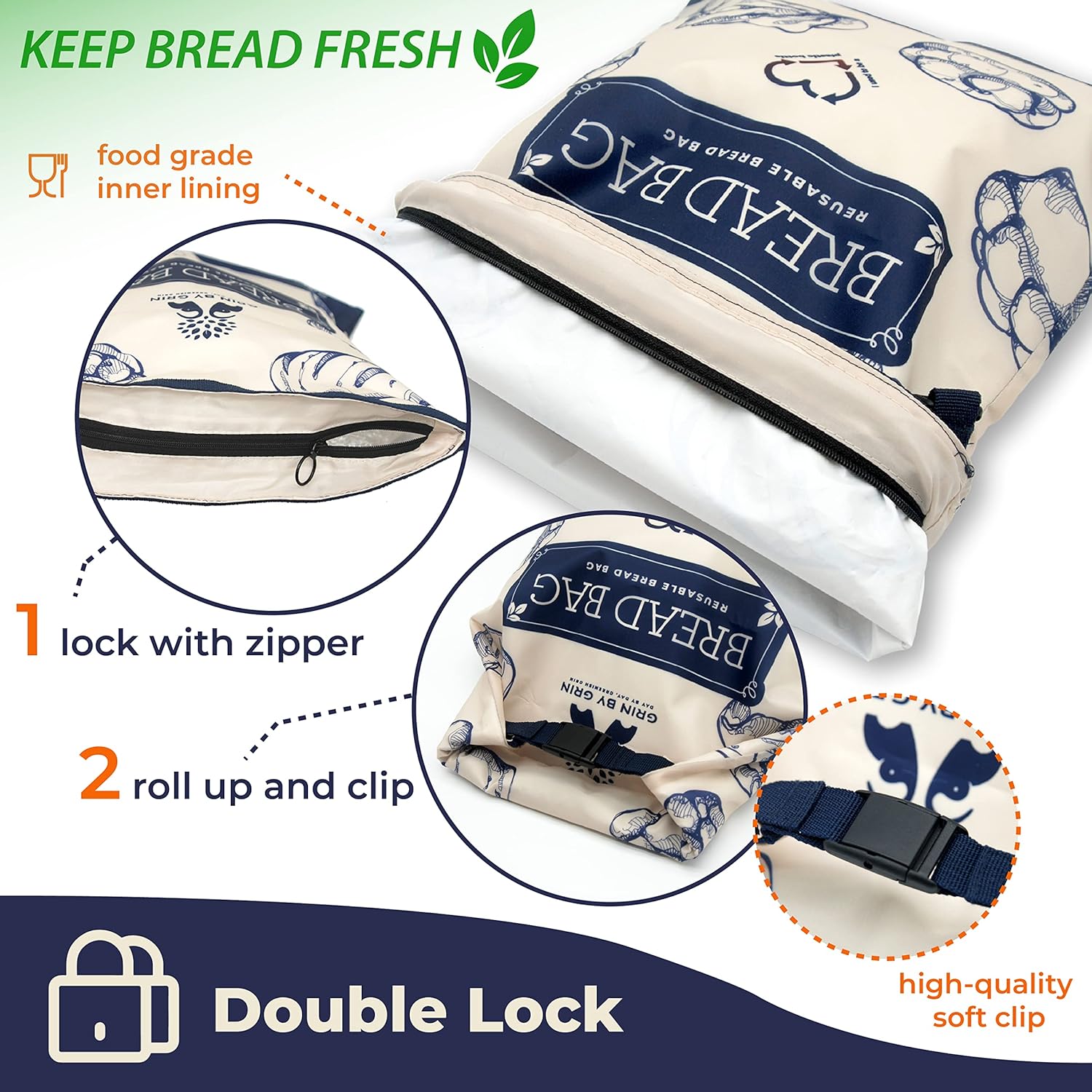 GRIN BY GRIN- 2 Packs Bread Bags, Zipper Reusable Bread Bags for Homemade Loaf, Freezer Sourdough Container, Fresh Keeping Extra Large, Reusable Food Storage Bag - Image 5